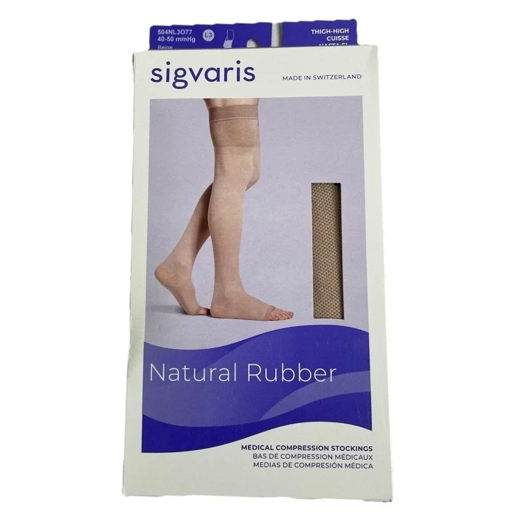 Sigvaris Natural Rubber Open Toe Thigh High Beige Grip Top 40-50mmHG L3